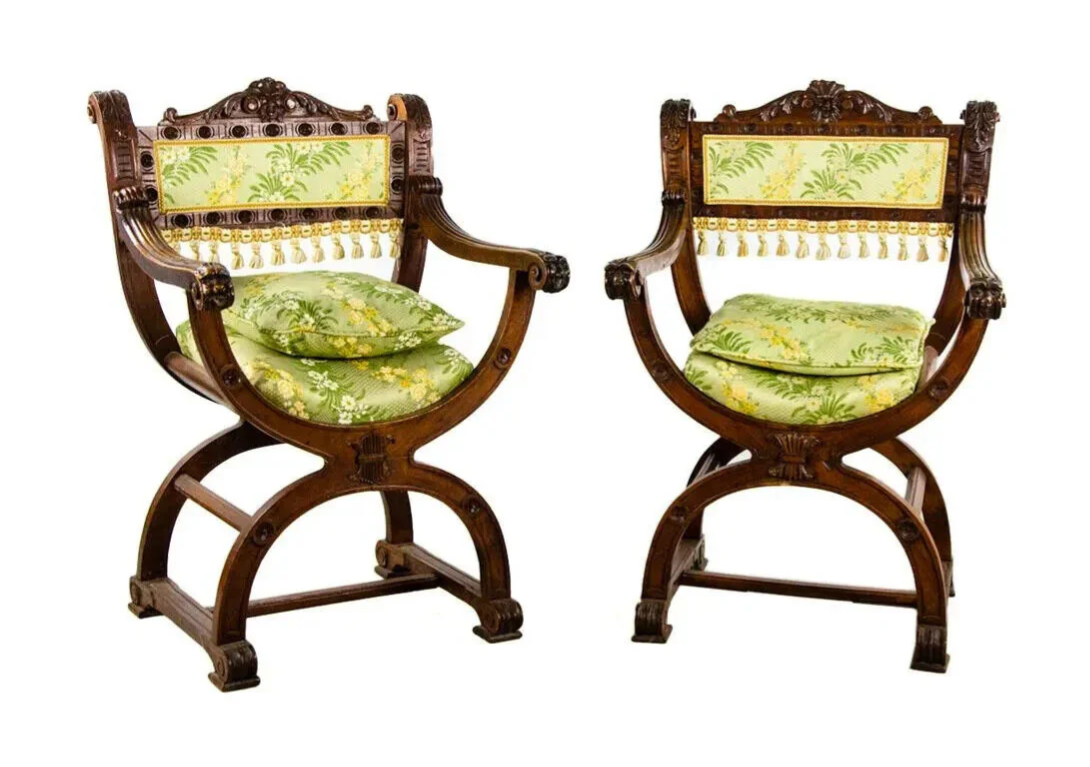 Antique Chairs, Savonarola, Set of 2, Italian Renaissance, Wood, 19th / 20th C.!