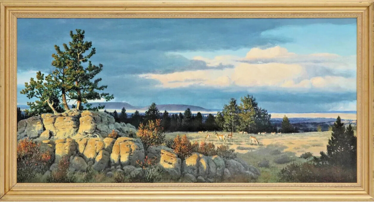 Oil Painting, Terry Swanton Bateman, (B.1942) 'Grazing Pronghorns', Vin. Western!