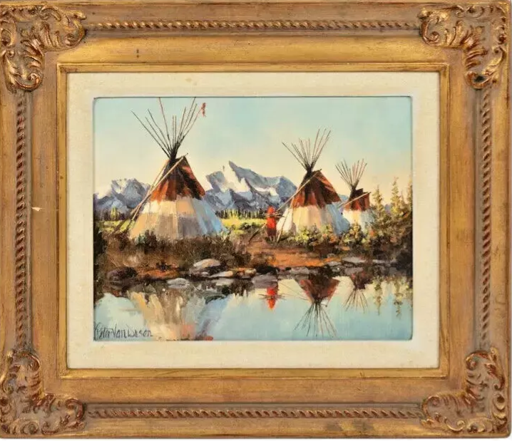 Oil Painting on Canvas, Signed Peter Van Dusen (Amer., bd. 1929) "Three Teepees"
